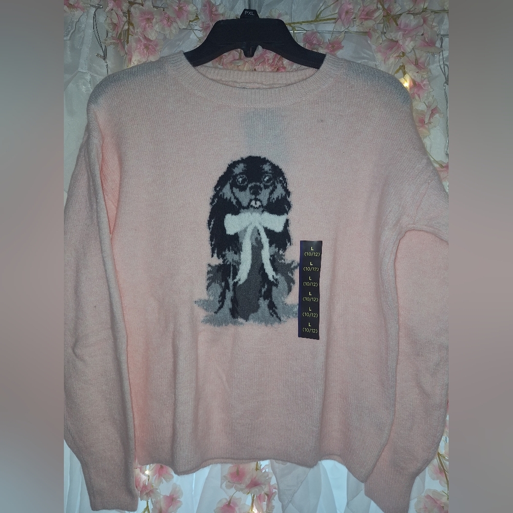 Cozy Pink Dog-Knit Women's Sweater Girls L